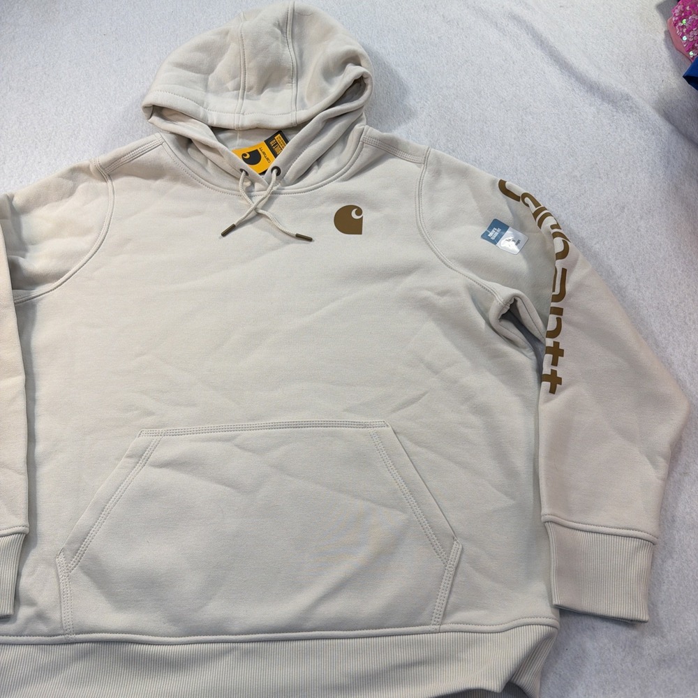 Carhartt Women XL Relaxed Fit Midweight Logo Sleeve Graphic Sweatshirt Cream New